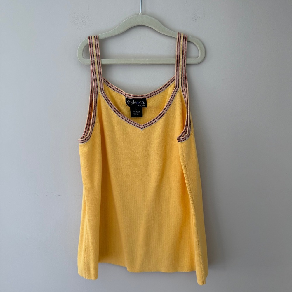 Style‎ & Co Petite Yellow Knit Tank Top Striped Trim V-Neck Cotton Large L